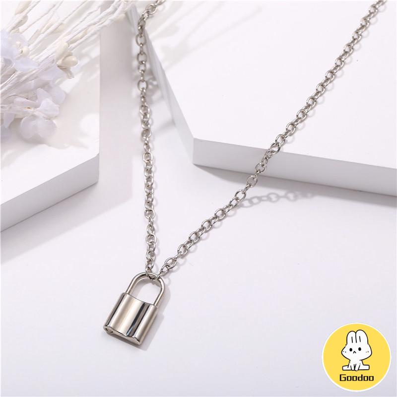 Kalung Rantai Emas Liontin Gembok Rantai Stainless Steel Warna Silver Gaya Boho Untuk Wanita -Doo
