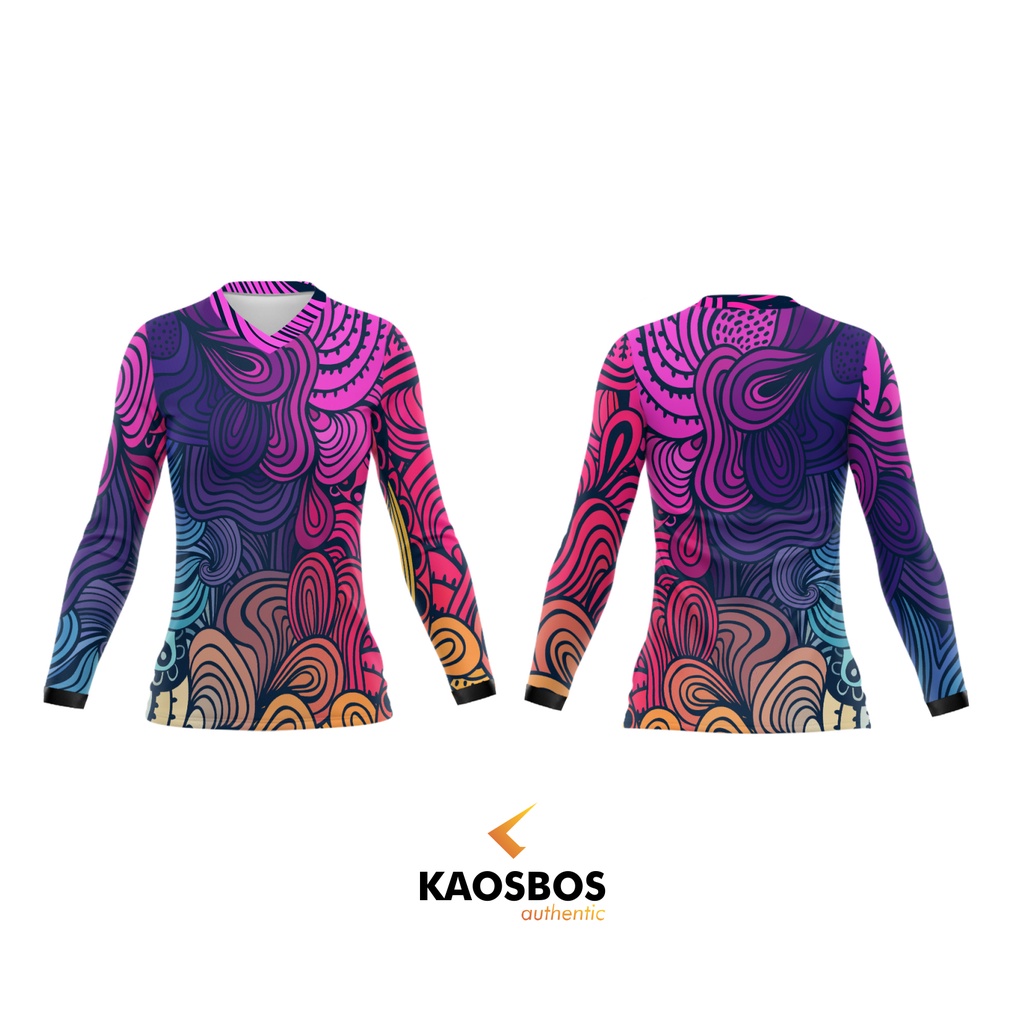 Kaos Baju Jersey OlahRaga Sepeda Wanita Lengan Panjang Motif Batik Bunga Abstrak Ungu Pink DriFit Pr