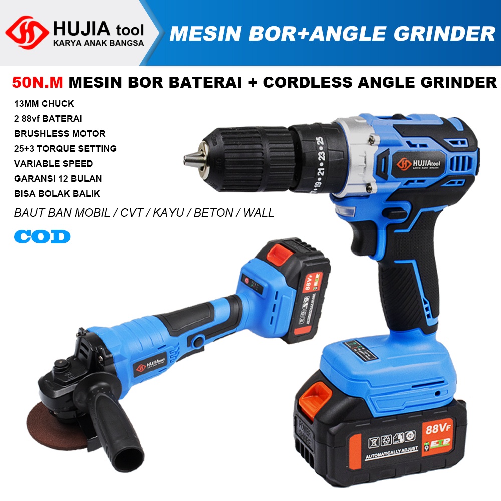 HUJIA 88vf brusheless cordless mesin bor + 88Vf Mesin Gerinda Paket cordless gernida 13mm chuck mesi