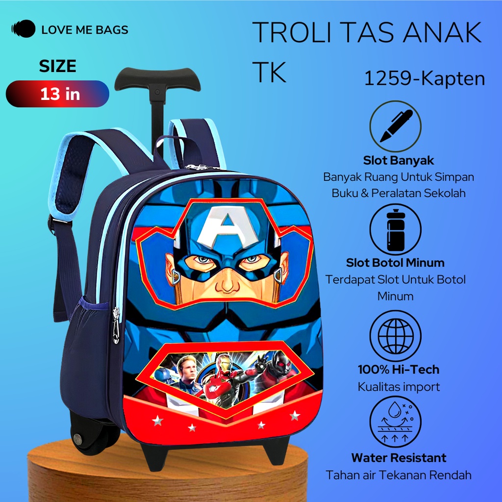 LMB Tas Troli Anak Laki Laki TK Import Gambar Karakter Superhero Bagian Depan Timbul 6D Bahan Nilon Kualitas Premium