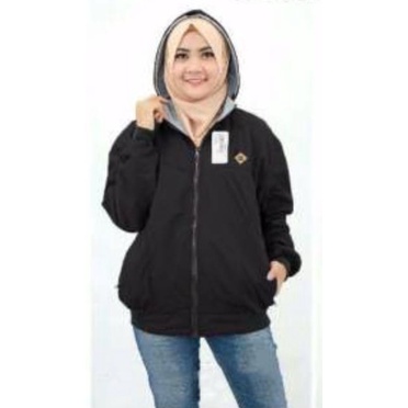 Jaket Bolak Balik Cewek Jumbo Hoodie Bisa Di Lepas Bahan Parasut Kualitas Premium Ukuran M - XXL