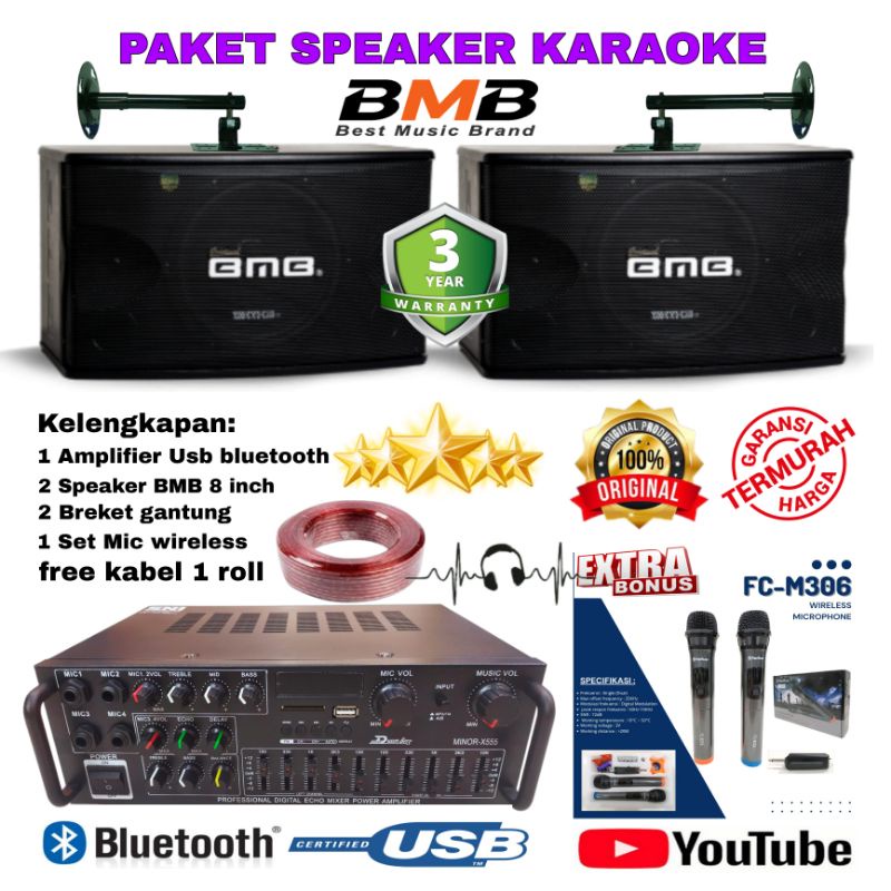 PAKET KARAOKE BMB SOUND SYSTEM KARAOKE BLUETOOTH ORIGINAL SPEAKER BMB 8 INCH