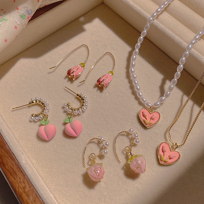 Anting Dan Kalung Rantai Liontin Hati Tulip Peach Warna Pink Gaya Korea Untuk Wanita