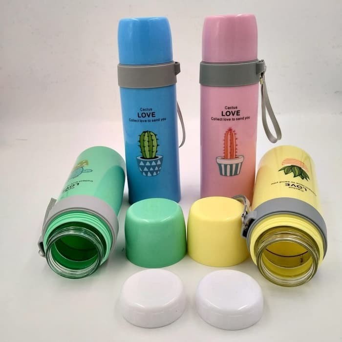 Botol Minum Termos Motif Kaktus Bahan Kaca 500ML pake Dus _PINK
