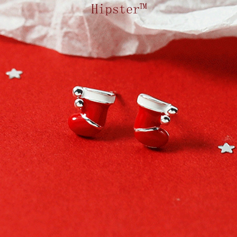 Anting Tusuk Sterling Silver 925 Desain Kaos Kaki Natal Warna Merah Untuk Wanita