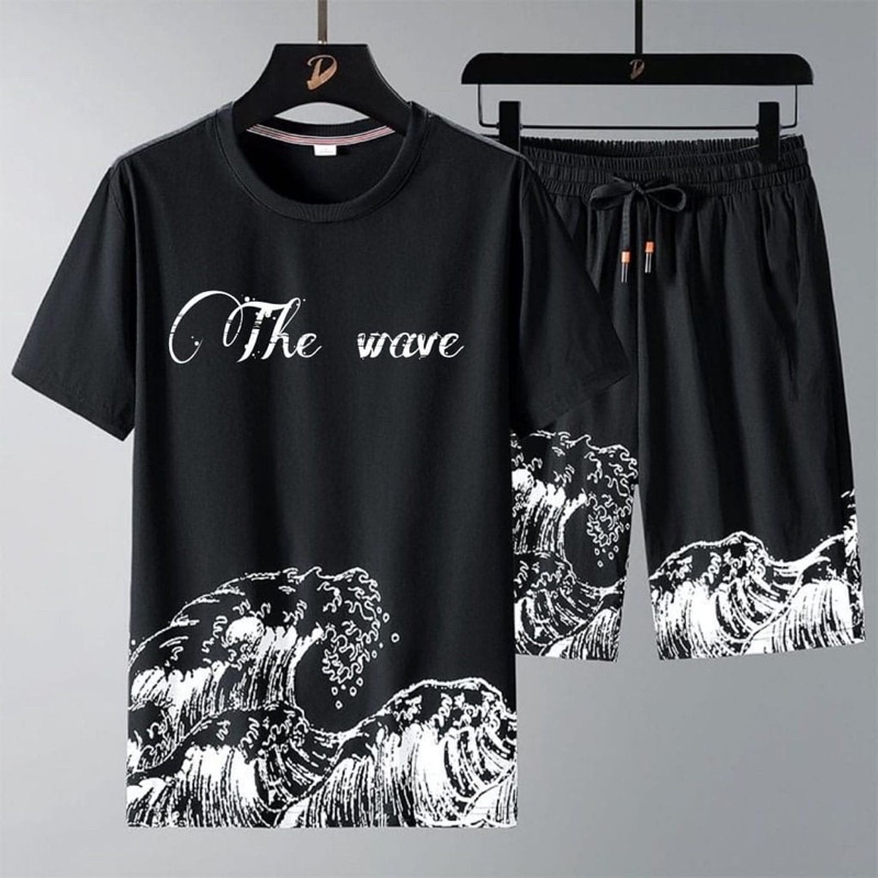 SETELAN ONE SET COWOK PRIA KAOS THE WAVE LENGAN PENDEK + CELANA PENDEK SANTAI