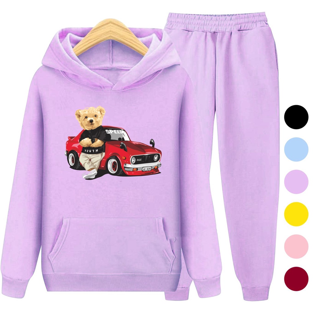 Setelan Sweater Anak + Celana TEDDY CAR / Set Sweater Hoodie Anak Laki - Laki Remaja Kekinian Terbaru