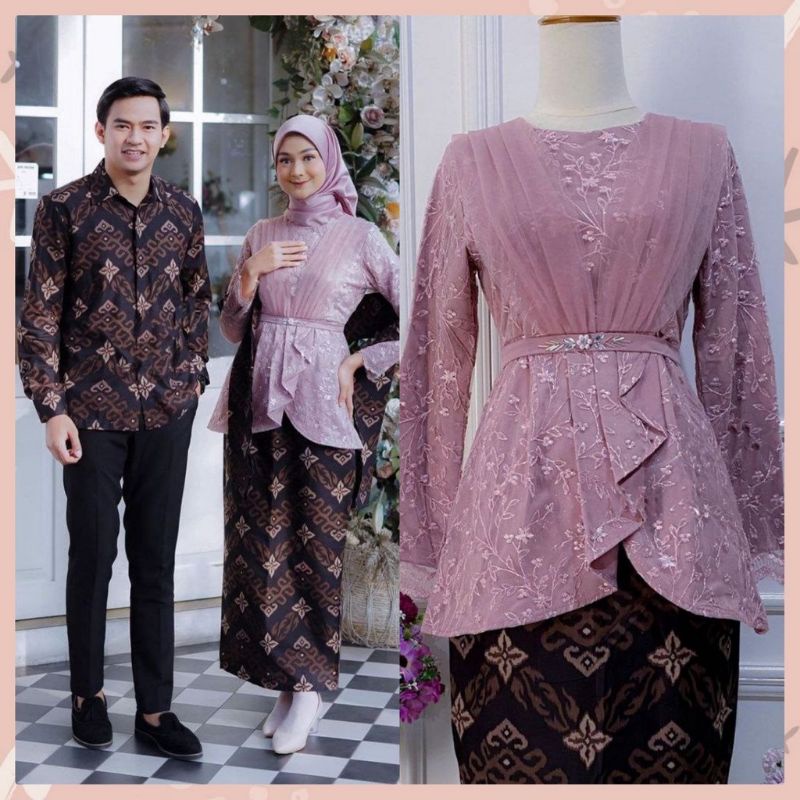 BATIK OFFICIAL- Kebaya Couple Brokat Modern Aveena Kebaya Wisuda dan Kondangan Kebaya Couple Batik Prima Lengan Panjang Set Wanita Modern