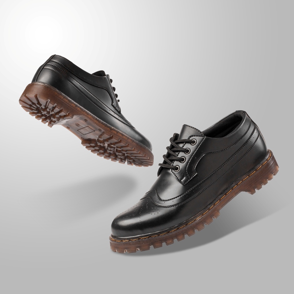 Moza Black | Sepatu Pantofel Longwing Hitam Pria Pantopel Tali Formal Casual Kerja Cowok Ori | FORIND Nazreal