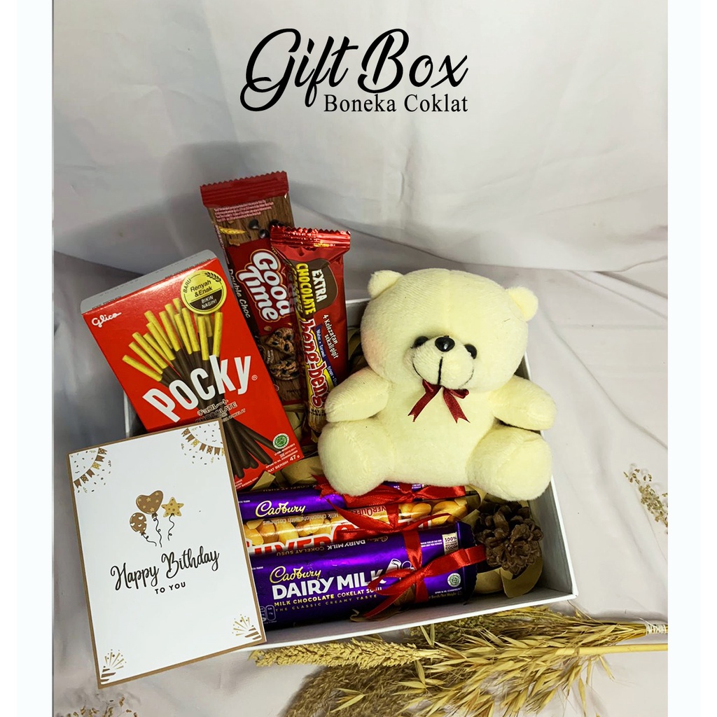 

Kado ultah untuk pacar Hampers Boneka Mix ( Pocky - Coklat Dairy Milk - Coklat Silverqueen - Goodtime ) hadiah untuk ultah / anniversary pacar cewek cowok