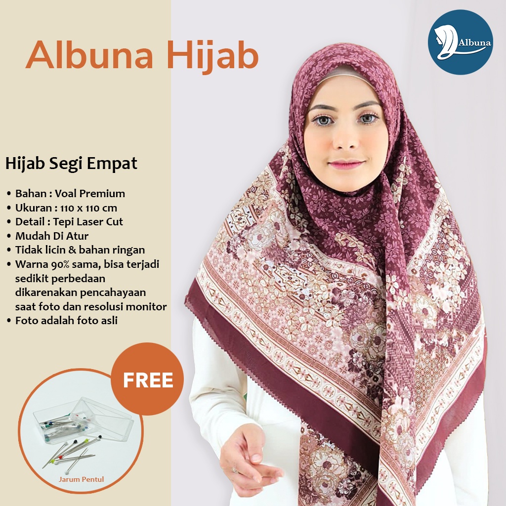 Albuna Hijab Motif Bunga Segiempat Krudung Voal Premium Jilbab Segi Empat Tepi Laser