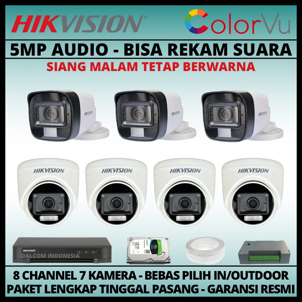 PAKET CCTV HIKVISION COLORVU 5MP 8 CHANNEL 7 KAMERA COLORFUL