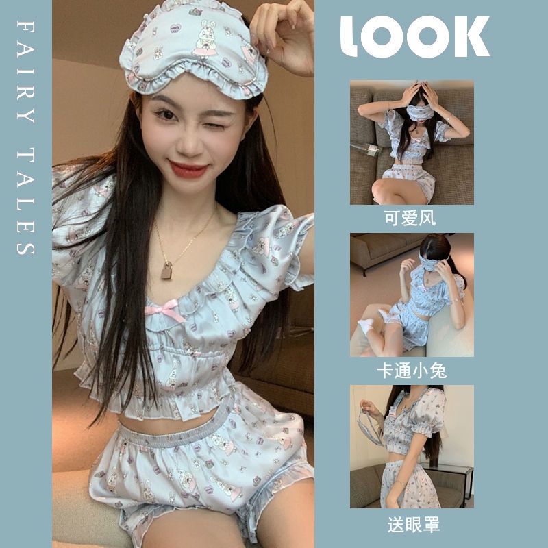 Piyama Musim Panas Set Gadis Manis dan Lucu Piyama Pendek Bagian Tipis Nyaman Leisure Net Merah Paka