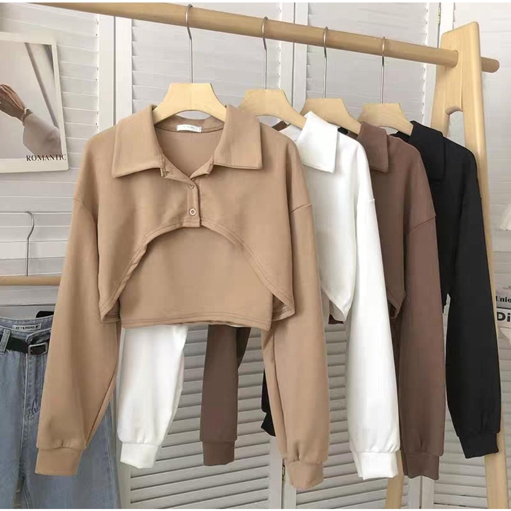 NOLLA CROP COLLAR TOP SWEATSHIRT | atasan wanita kerah kancing (ic)