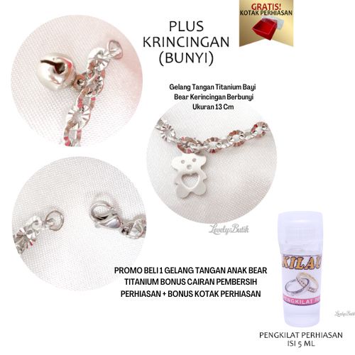 Promo Gratis Cairan Pembersih Perhiasan + Bonus Kotak Perhiasan Gelang Tangan Bayi Perempuan Laki Laki Titanium Gelang Kerincing Berbunyi Baby Bear Bonus Tempat Perhiasan - Lovelybutik