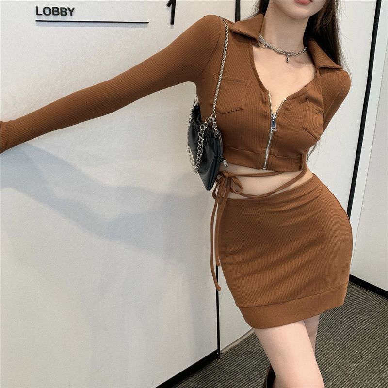 #Sisjuly# Wanita Lengan Panjang Slim Fit Ritsleting Pendek Top High Waist Strap Rok Fashion Dua Poto