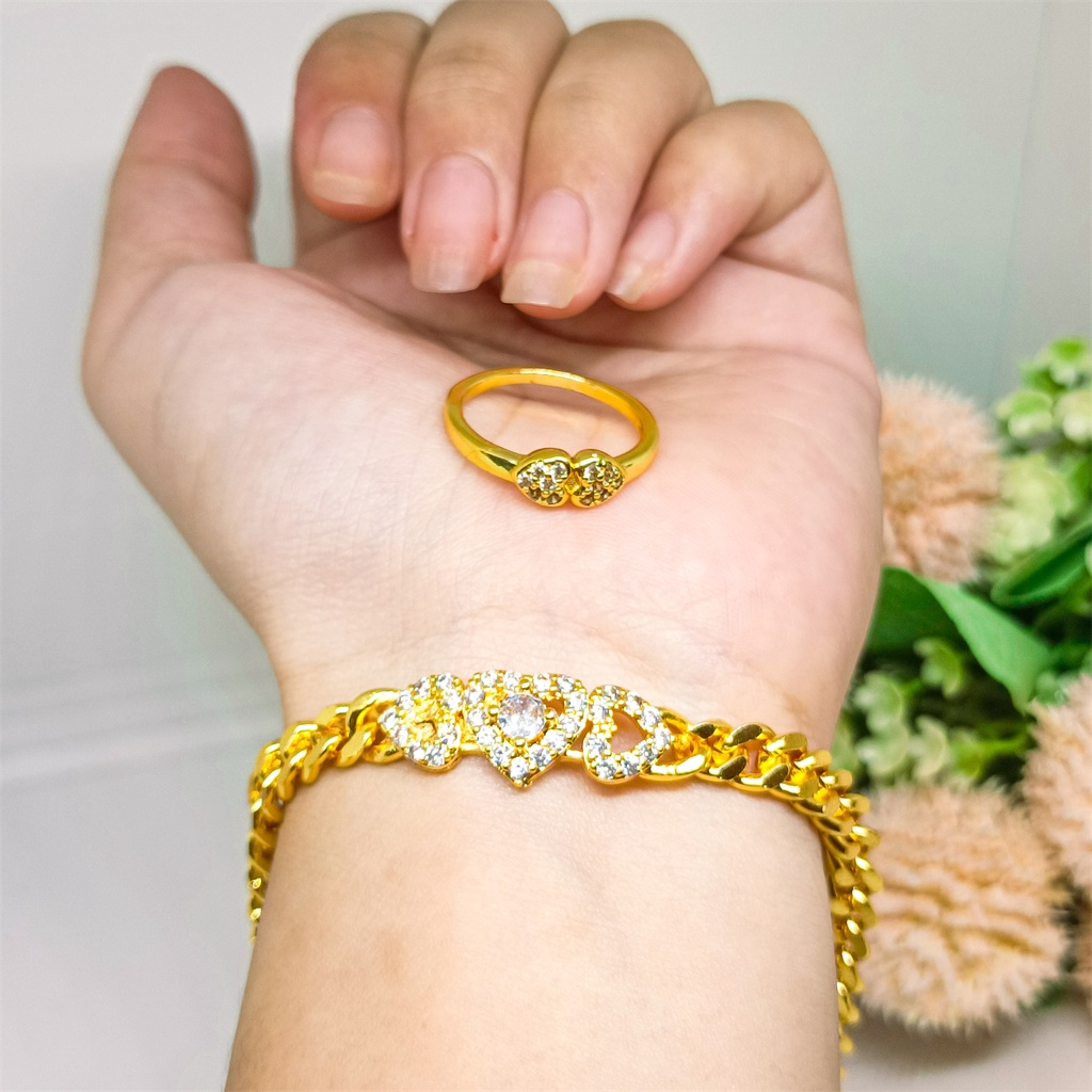 set bracelet+cincin titanium berlapis emas 24K xuping cinta elegant fashion Mewah anti karat tidak mudah luntur Terbaru Import