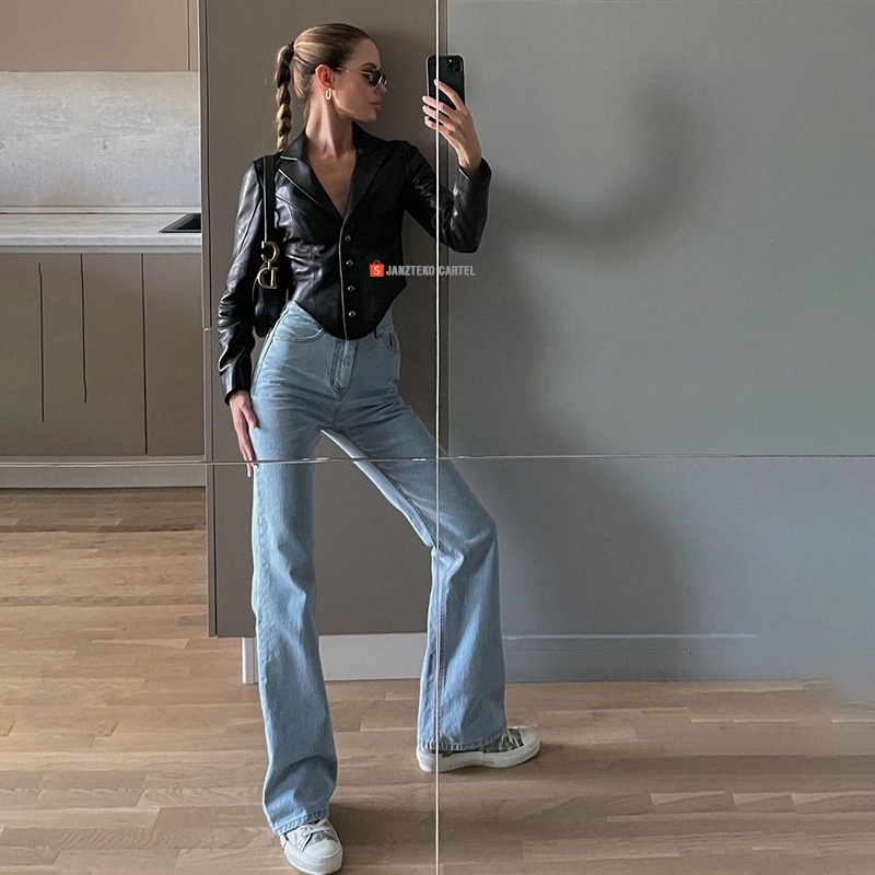 JNK x GEO - Jaket Wanita Blazer PU Leather Jacket Shirt Black Bahan Semi Kulit Sintetis Viena Faux Synthetic Premium Original Genuine Elegan Style Streetwear New Fashion Women Long Sleeved Single Breasted Suit Collar Slim Cardigan Ladies Cewek Remaja 2023