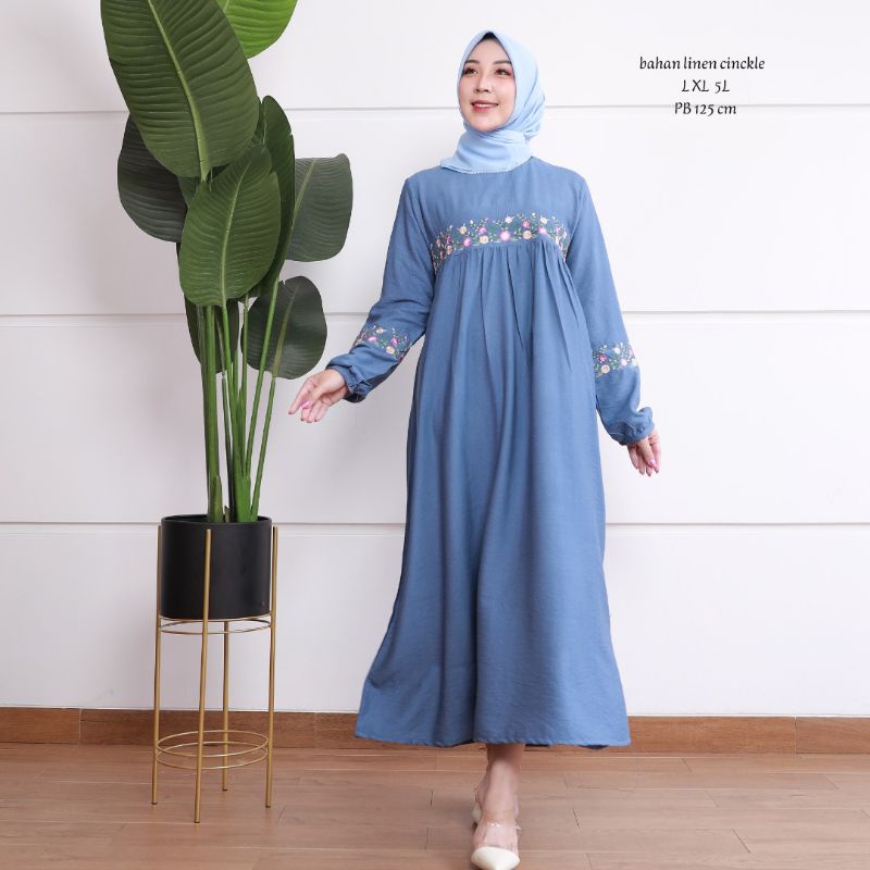 Zaja - Kanaya Midi Dress Bordir Cantik Matt Linen Cringkel Terbaru