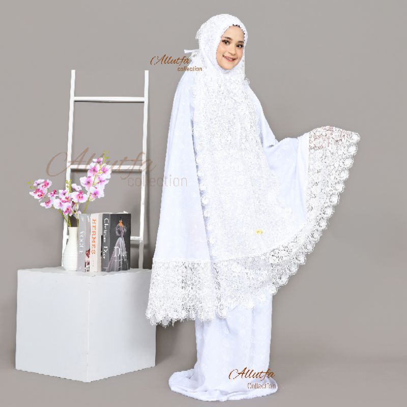 mukena dewasa shireen katun paris putih renda prada jumbo krisdayanti series