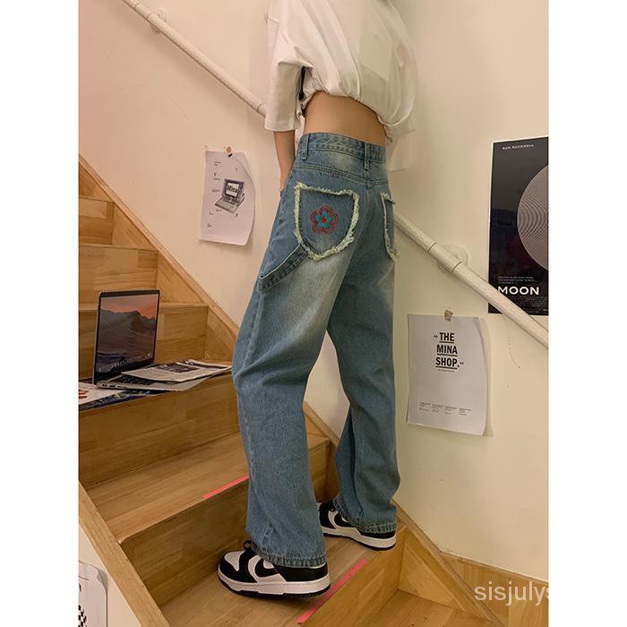#Sisjuly# Celana jins biru wanita baru longgar lurus gaya korea pelangsing celana kaki lebar pinggan