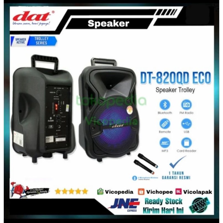 Speaker Bluetooth Trolley 2 Mic DAT DT 820 QD DT820QD ECO 8 inch 8" Karaoke dengan Bubble atau tanpa