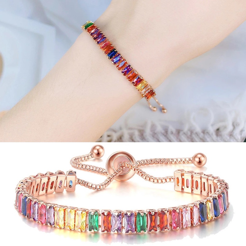 Gelang Tennis Adjustable Aksen Zircon Warna-Warni Pelangi Untuk Wanita