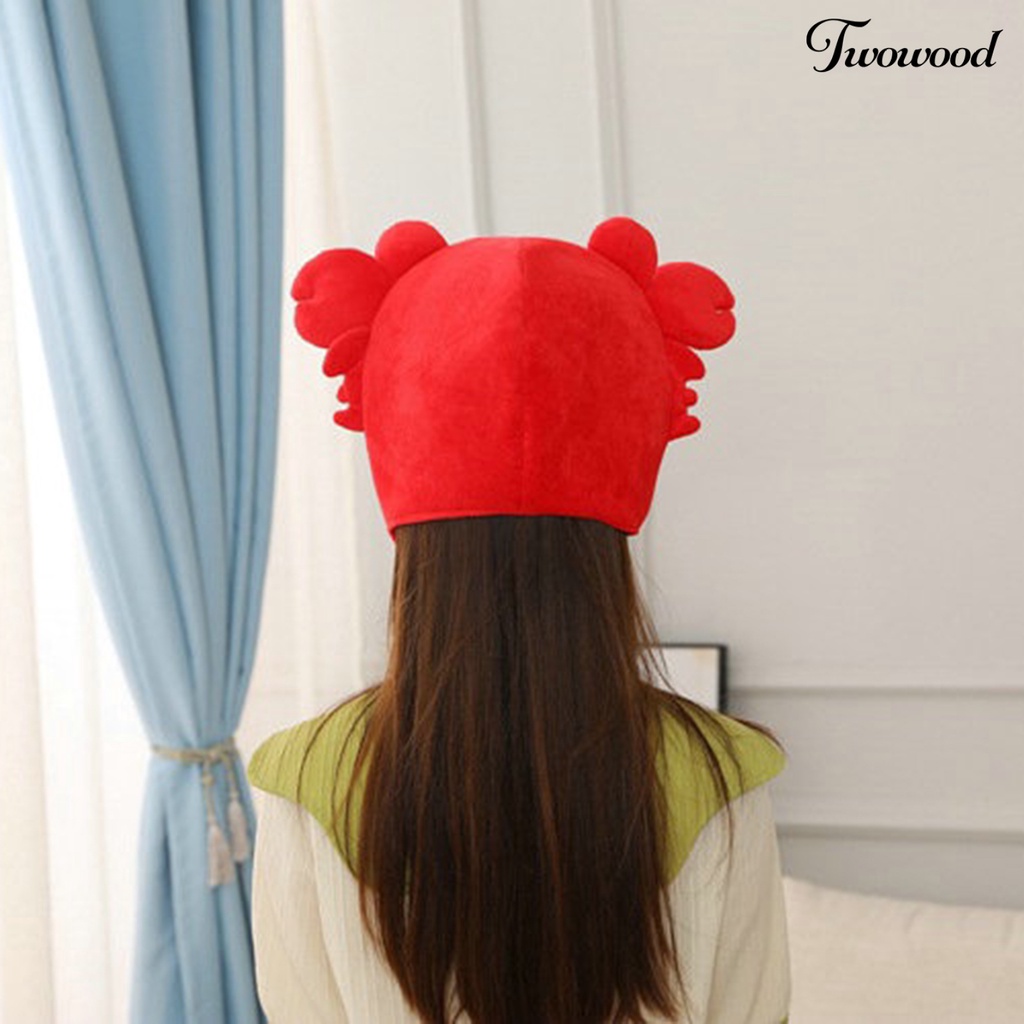 Twowood Topi Kupluk Plush Elastis Motif Kartun Kepiting 3D Aksen Mata Besar Untuk Aksesoris Wanita