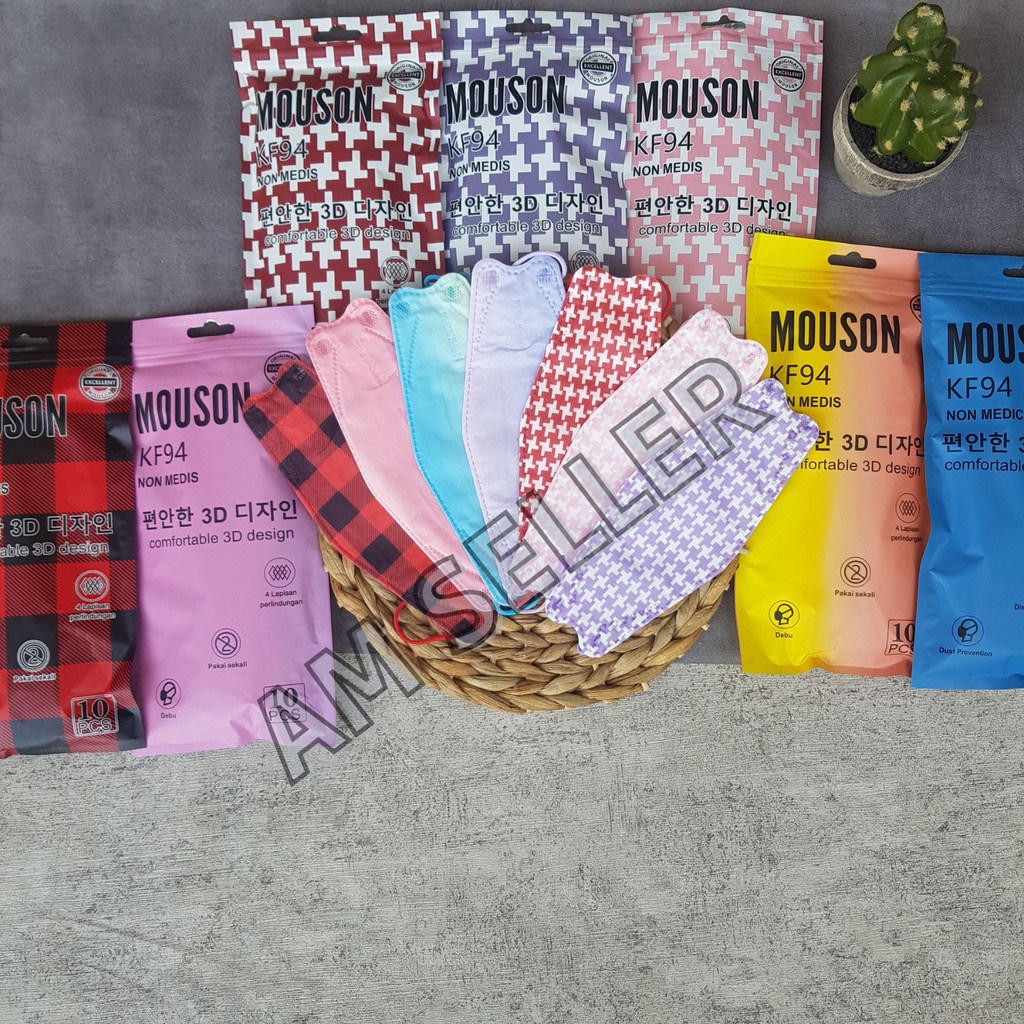 Masker KF94 Mouson Model Korea 4ply Mix Warna isi 10pcs Embos Ada Belahan Hidung