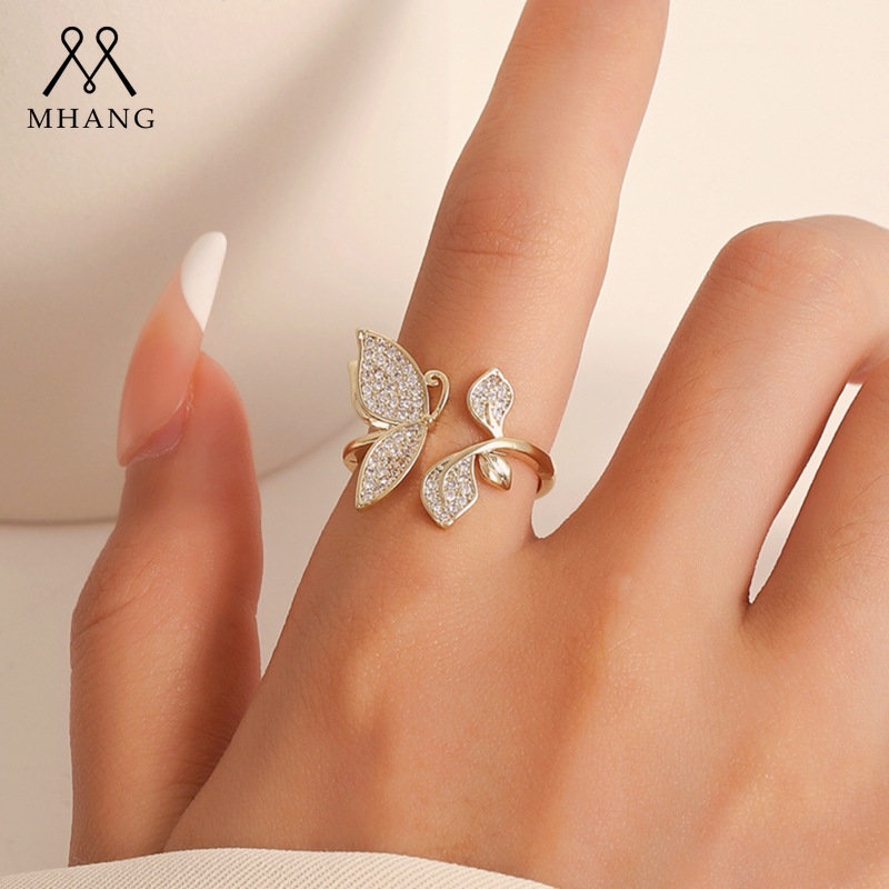 Cincin Kupu-Kupu Asimetris Full Berlian Imitasi Gaya Vintage Korea Untuk Wanita Butterfly