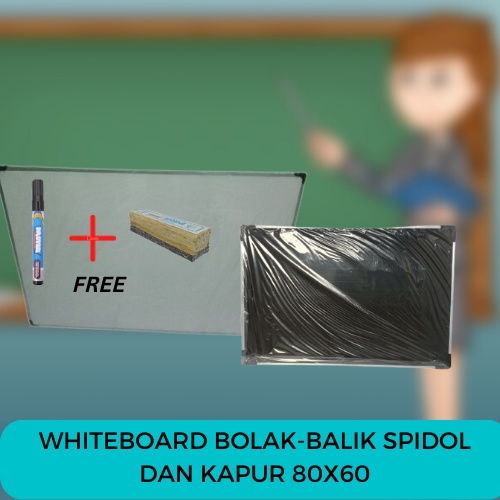 

Whiteboard/Papan Tulis Gantung Bolak Balik Spidol dan Kapur Tulis Ukuran 60x80 Free spidol dan Penghapus