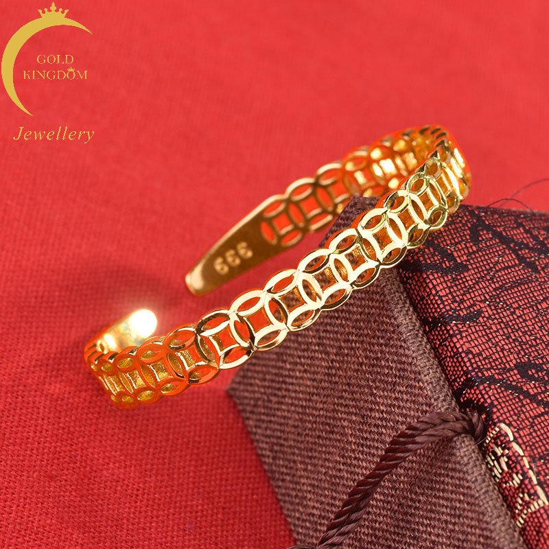 Goldkingdom Perhiasan Fashion Emas Asli Kadar 375 Bangkok Aksesoris Ready Stock Gelang Uang Berlapis Emas Terbuka Dapat Disesuaikan Gelang Sederhana Dan Boros