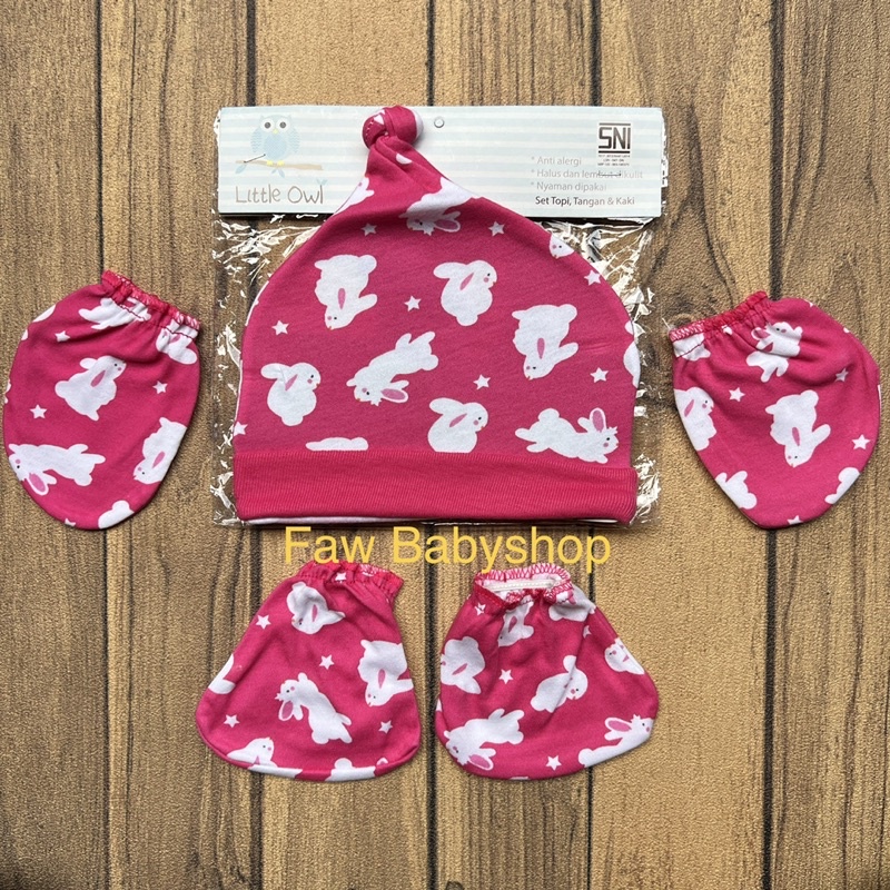 Topi bayi + Sarung Tangan+Kaki Bayi LITTLE OWL / Perlengkapan Bayi Newborn