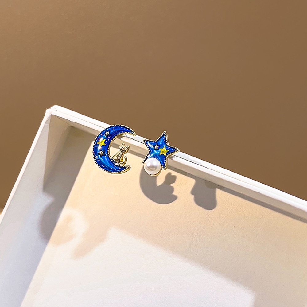Anting Tusuk Bentuk Bulan Bintang Geometris Warna Biru Untuk Wanita