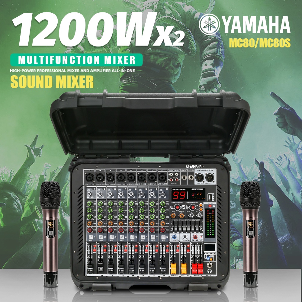 YAMAHA MC80S/MC80 Built-in EQ 16DSP mixer 8-channel 1200W dual-channel amplifier UHF floating microphone mendukung Bluetooth/MP3/USB playback Kotak peralatan aksesori