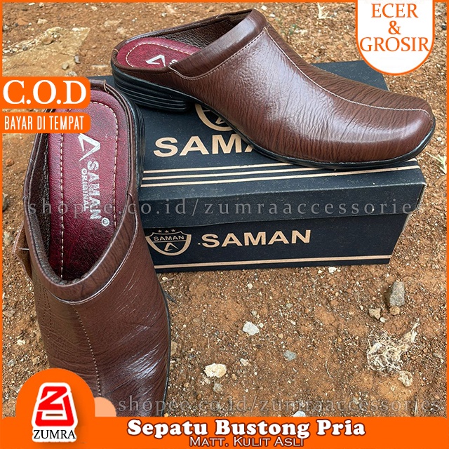 SAMAN Sepatu Slip On Bustong Kulit Asli Glossy 3 Pilihan Warna 6 Size Hitam Coklat Tan 39 40 41 42 43 44