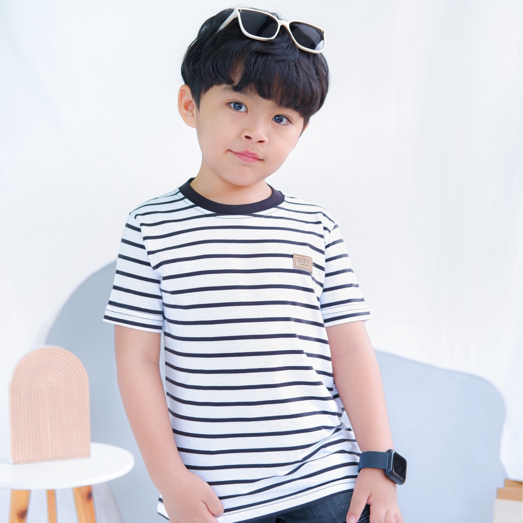 Kaos Stripe Garis Anak Laki Laki Perempuan Branded Unisex Original Premium | Mevla Kids - Uzuki White