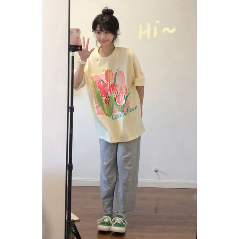 kaos atasan wanita print krem / baju oversize wanita korea / atasan kekinian premium / t shirt original Import