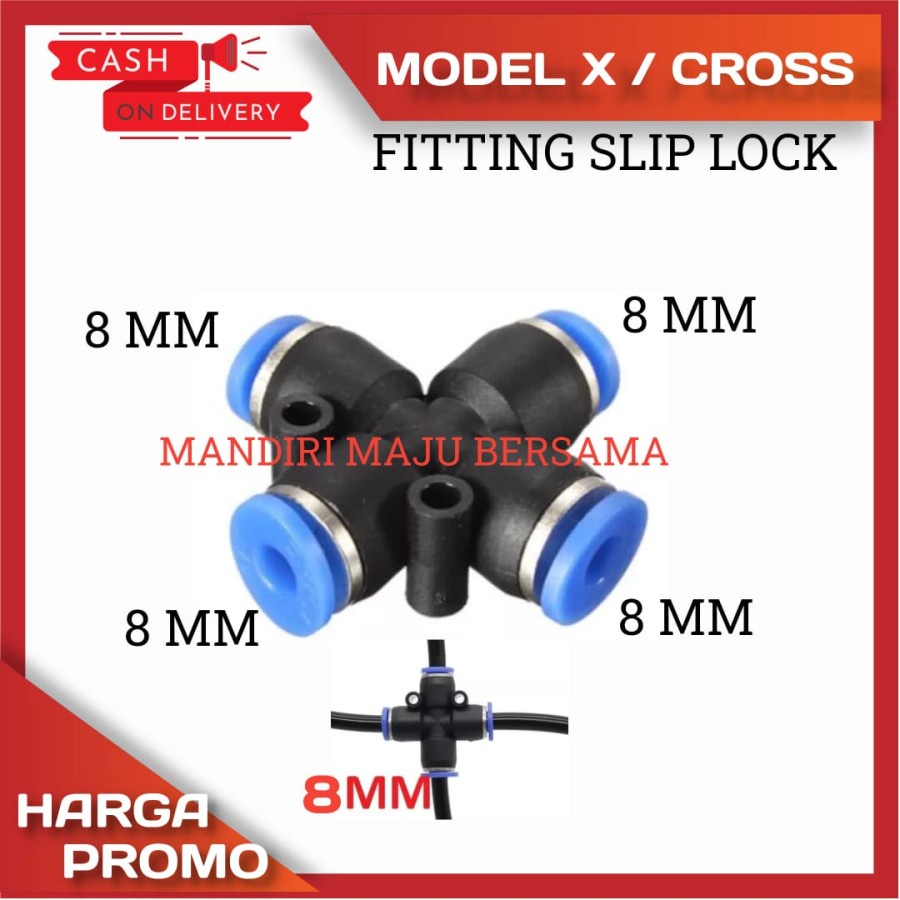 FITTING PNEUMATIC SLIP LOCK CROSS 8 MM CABANG 4 ARAH SELANG PU 8MM