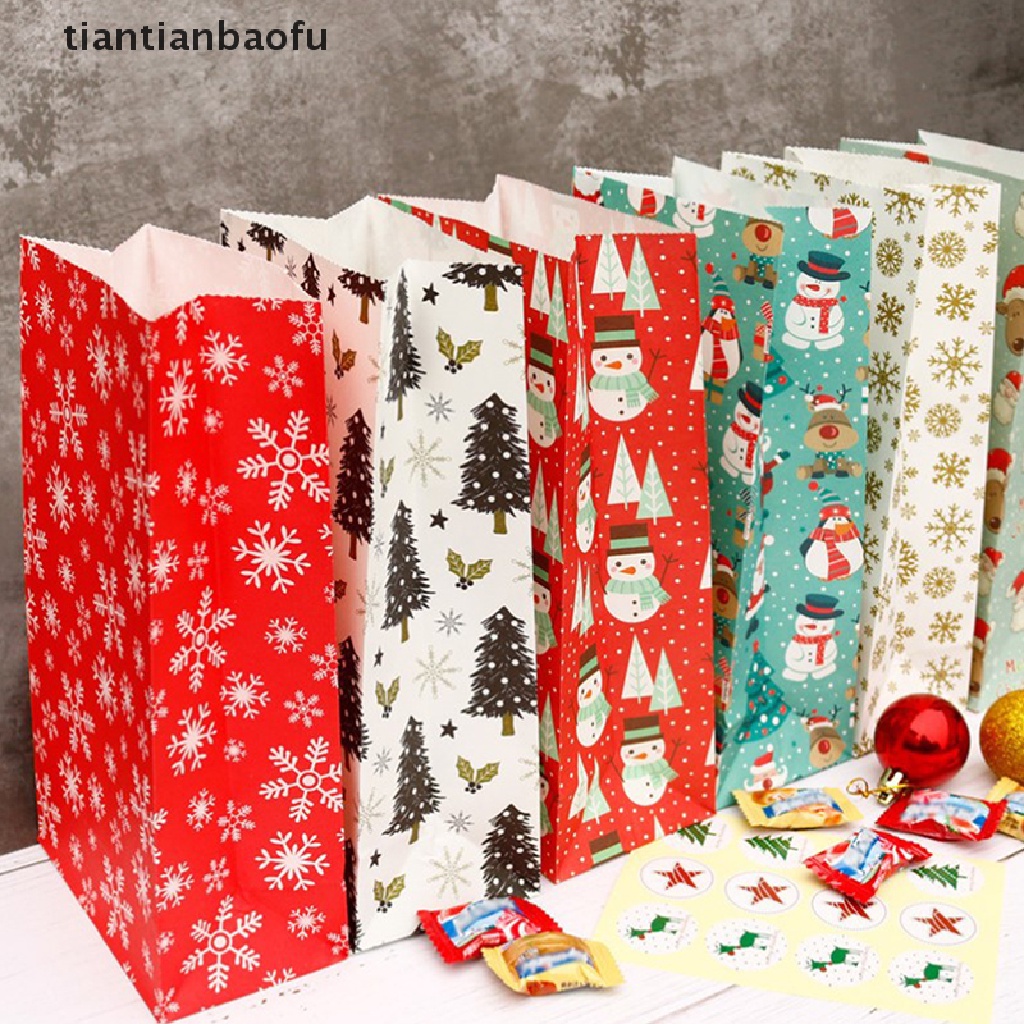 [tiantianbaofu] 24 Pcs Christmas Kraft Paper Bags With 24 Pcs Labels Santa Snowman Candy Bag Boutique