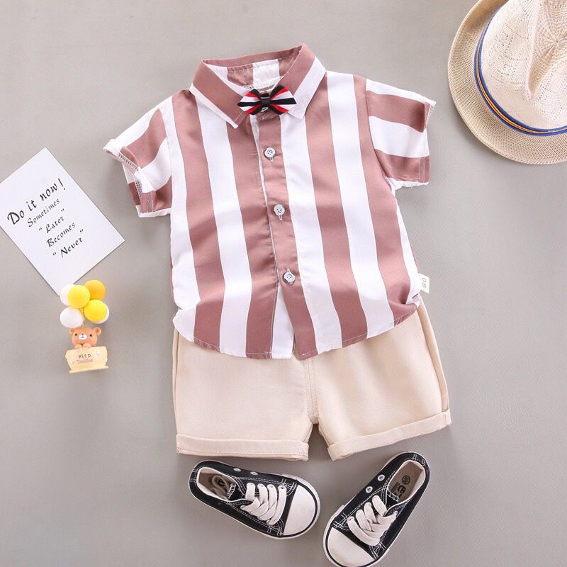 LID7001 - Baju + Celana Pendek Cotton Set 2in1 Setelan Bayi Lengan Pendek Garis