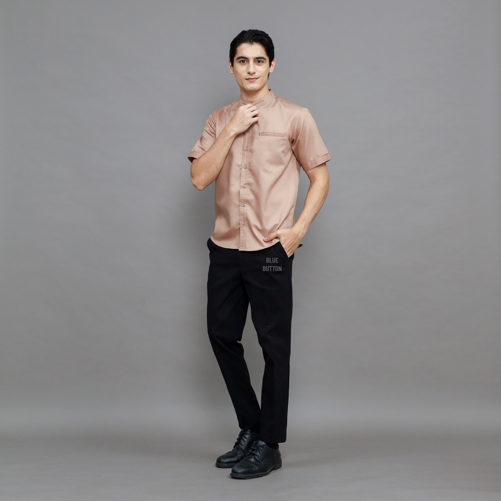 BlueButton Kemeja Koko Polos Lengan Pendek Kerah Shanghai Pria Warna Salem