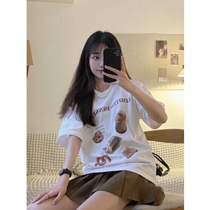 EUNII T-shirt Lengan Pendek Kartun Hidangan Penutup Pencetakan Longgar Korean Style/Kaos Atasan Wanita/Baju Kaus Oversize Wanita