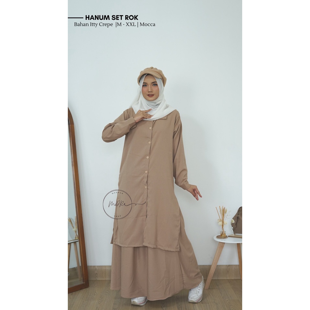 One Set + Rok Tunik HANUM Busui Wanita Muslim Jumbo Bahan Itty Creepe Terbaru Size M L XL XXL / Setelan Wanita Remaja Full Kancing Depan Aktif Polos Beraneka Warna