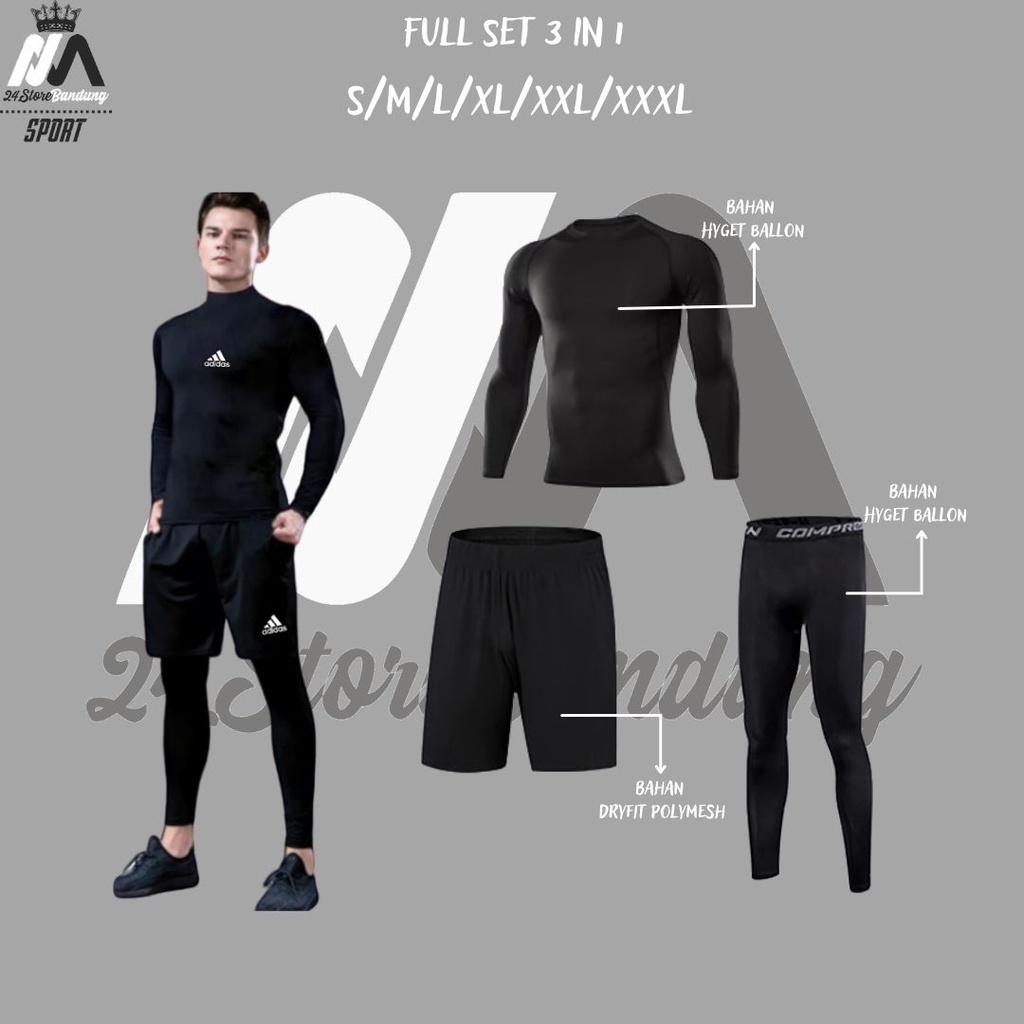 Full Set  Baju Olahraga Pria Manset Baselayer Celana Pendek Legging Outdoor Futsal Gym Lari Sepeda Senam Renang