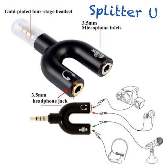 Audio Splitter U Shape 2in1 Jack 3.5mm to Dual Female Headset + Mic 2 Lubang Colokan Microphone hp