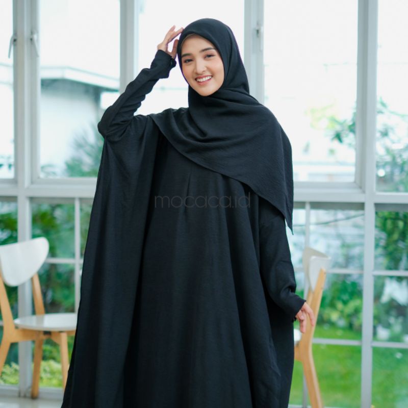 abaya set premium sudah dengan kerudung hitam ada saku sleting lengan panjang free size