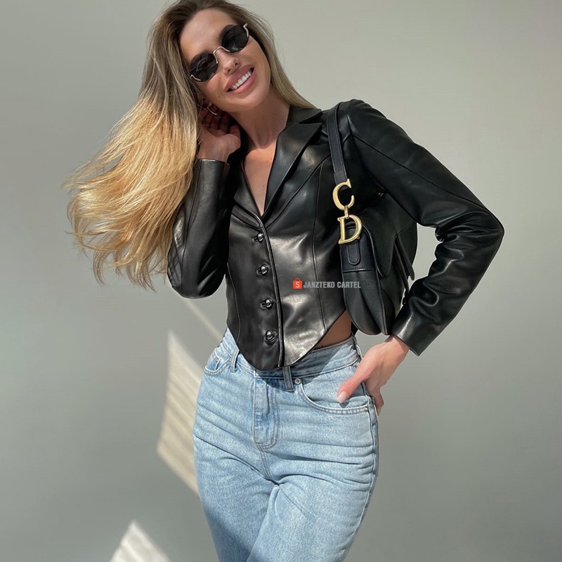JNK x GEO - Jaket Wanita Blazer PU Leather Jacket Shirt Black Bahan Semi Kulit Sintetis Viena Faux Synthetic Premium Original Genuine Elegan Style Streetwear New Fashion Women Long Sleeved Single Breasted Suit Collar Slim Cardigan Ladies Cewek Remaja 2023