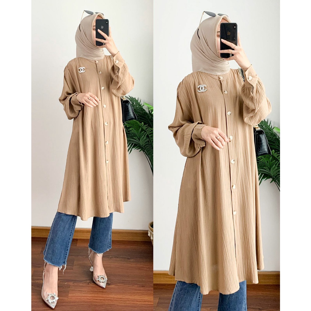 NEW- Arini Tunik Crinkle LD ± 118 cm / Kemeja Atasan Wanita OVERSIZE Lengan Panjang Bahan Cotton Crinkle