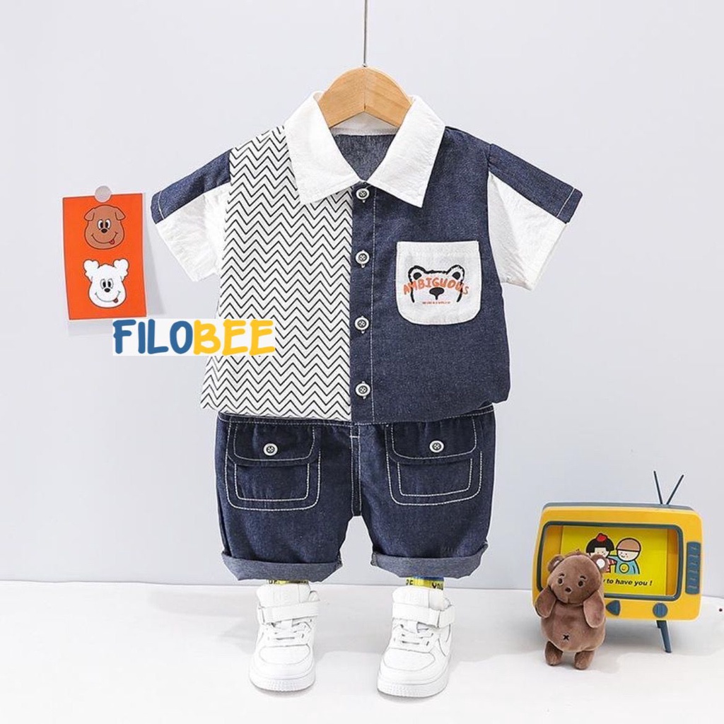 (FILOBEE ) SETELAN ANAK LAKI LAKI/KEMEJA SANGHAI/C.MANSET/M.SEGI/UNTUK USIA 6 BLN-4 THN/COD